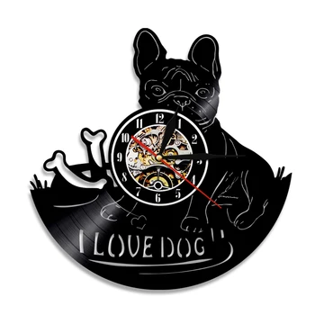I Love Dog LED Backlight Vinilo Įrašas Sieninis Laikrodis prancūzų Buldogas Modernios Sienos Žiūrėti naminių Gyvūnėlių Šuniuką Gyvūnų Dekoratyvinis Apšvietimas
