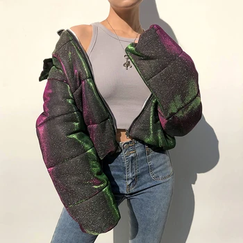 HEYounGIRL Blizgučiai Atspindintis Puffer Jacket Parko Moterų Rudenį, Žiemą Šilta Hoodies Burbulas Kailis Ponios Atsitiktinis Paltas Streetwear