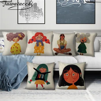 Fuwatacchi Lino Animacinių filmų Moterų Nuotraukų Pagalvėlė Padengti Cute Little Girl Pagalvę Padengti Namų Kėdė, Sofa-Dekoratyvinis Mesti Užvalkalas