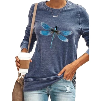Moterų Marškinėliai Medvilnės Plius Dydis 3XL ilgomis Rankovėmis Dragonfly Spausdinti Moterų Prarasti Atsitiktinis Didelis T-shirt Viršuje Žiemos Pagrindinio Tees