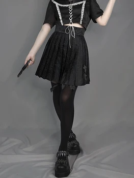 Originalaus Dizaino Tamsiai Juodos spalvos Gotikos Juostelės Klostuotas Sijonas Punk Japonijos JK Mini Aukšto Liemens sijonas