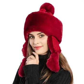 Moteriški Pūkuotas Pliušinis Megzti Žiemos Earflap Skrybėlę Mielas Pompom Rusijos Trapper Bžūp