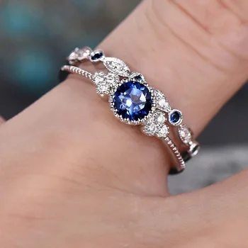 Nauja Mėlyna/Žalia Akmens Žiedas Rinkinys Moterims Papuošalai Elegantiškas Cirkonis Krauti Žiedus, 925 sterlingas sidabro Nuotakos Vestuvių Žiedas