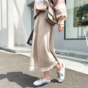 Rudenį, žiemą lankstus ruožas high waisted midi linijos, šiltas šilumos megztas sijonas moterims kutais kutai moteriški sijonai