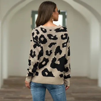 Rudenį ir žiemą, leopardas spausdinimui megztinis apvalios kaklo laisvas megztinis džemperis megztinis (puloveris) moterų megztinis sueter mujer