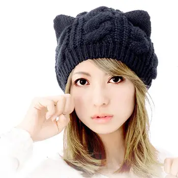 Han edition greitis parduoti tong vilnos beretė twist žiemos šiltos kepurės didmeninė kačių ausų kepurės mezgimo skrybėlę