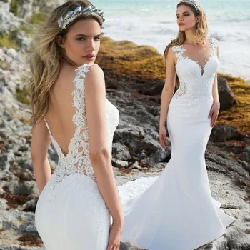 Paplūdimys vestuvių Suknelės Undinė O-Kaklo Nėrinių Appliques Vestuvių Suknelė Boho Nuotakos Suknelė vestidos de novia estilo sirena