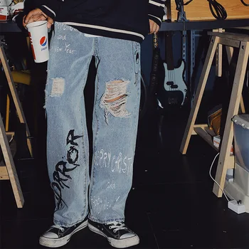High street 2021 mados gatvės hip-hop ' grafiti, džinsai, vyriški Japonijos skaldytų skylę prarasti tiesiai iškirpti raides plataus kojų kelnės