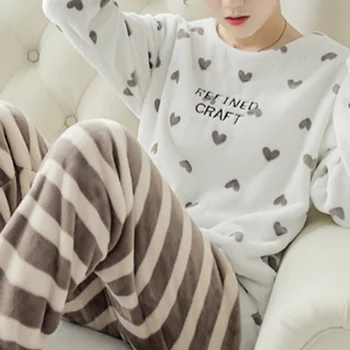 Žiemos Pižama Moterų Korėjos Sleepwear Mielas Animacinių Filmų Flanelė Pižama Nustatyti Aksomo Šiltas Pijama Apvalios Kaklo Pajama Homewear Moterims