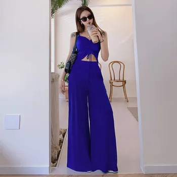 Vasaros Streetwear 2 Gabalas Komplektai Moterų Sexy Spageti Dirželis Kietas Raišteliu trumpas Viršuje+Elastinga Juosmens Pločio Kojų Kelnės