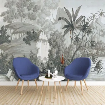 Milofi individualų didelis tapetai, freskos nostalgišką retro ranka-dažytos atogrąžų miškai, bananų, palmių sofa-lova, TV foną sienos