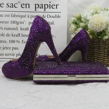 Tamsiai Violetinė Crystal vestuvių batai su atitikimo krepšiai nuotakos šalis suknelė, aukštakulniai platformos batai, Suapvalinti Tne Aukštos Siurbliai ir Piniginės