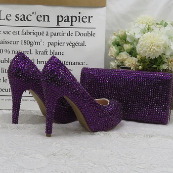 Tamsiai Violetinė Crystal vestuvių batai su atitikimo krepšiai nuotakos šalis suknelė, aukštakulniai platformos batai, Suapvalinti Tne Aukštos Siurbliai ir Piniginės
