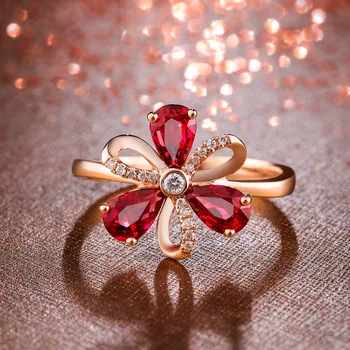 14k Rose Gold Gamtos Raudona Rubino Žiedas Moterims Gėlių Formos Cirkonis Diamond Vestuvių, Sužadėtuvių Žiedai Kristalas Su Bauda Papuošalų Dėžutė
