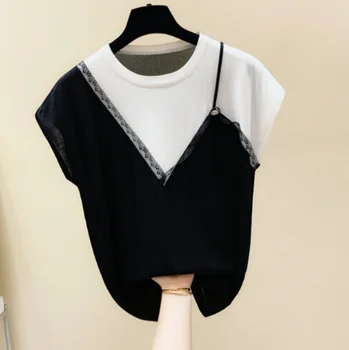 2020 metų Vasaros Baltas Juodas Marškinėlius Moterų Nėriniai Susiuvimo Plonas Megzti marškinėliai trumpomis Rankovėmis Viršuje Ponios Viršūnės T Shirts Nancylim