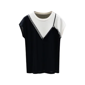 2020 metų Vasaros Baltas Juodas Marškinėlius Moterų Nėriniai Susiuvimo Plonas Megzti marškinėliai trumpomis Rankovėmis Viršuje Ponios Viršūnės T Shirts Nancylim