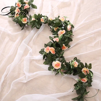 šilko dirbtinių rožių vynuogių kabo gėlių sienų apdailai rotango padirbtų augalų lapų girlianda romantiška vestuvių namų puošybai