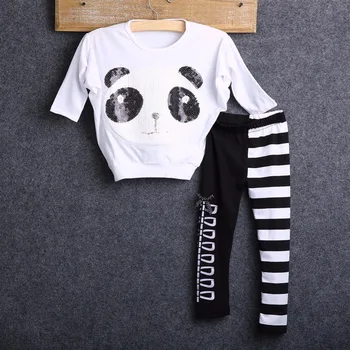 2016 Nauja Mada Vaikams, Mergaičių, Kūdikių Drabužiai Mergaitėms Kawaii Batwing ilgomis Rankovėmis Panda T-Shirt Viršuje+Dryžuotas Antblauzdžiai 2VNT Vaikams Rinkinys