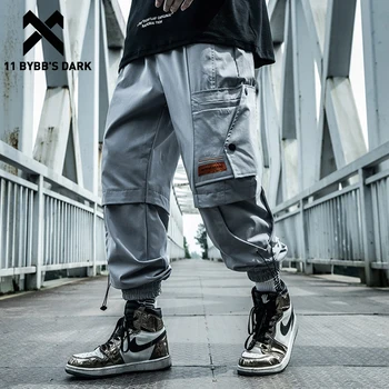 11 BYBB TAMSU Tactical Kelnes Žmogus Elastinga Juosmens Multi Kišenės Poilsiu Krovinių Kelnės Harajuku Streetwear Hip-Hop Vyrų Kelnės Juoda