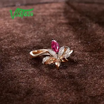 VISTOSO Originali 14K585 Rose Gold Išgalvotas Ruby Blizgančio Deimanto Žiedas Lady Vestuvės Vestuvinis Anniverary Madinga Prabanga Fine Jewelry