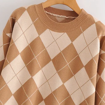 Derliaus geometrinis rhombic megztinis megztas megztinis moterims 2020 mados, O kaklo, ilgomis rankovėmis karšto pardavimo outwear anglija stiliaus viršūnes