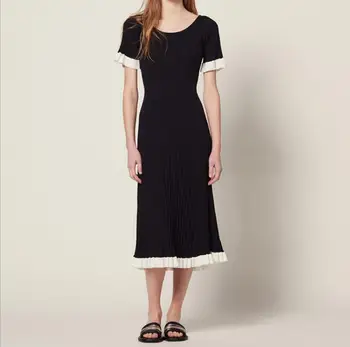 Vasaros mados juodos ir baltos kontrastas spalvos megzta suknelė moterims, o-kaklo trumpomis rankovėmis elegantiška susiėmę plonas megztinis derss