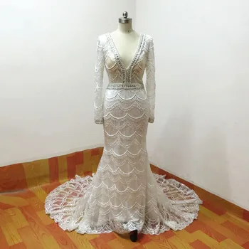 Undinė Nėrinių Vestuvių Suknelės ilgomis Rankovėmis 2020 vestido de noiva Užsakymą Siuvinėjimo Prabangūs Krištolo Baltos Vestuvinės Suknelės V-Kaklo