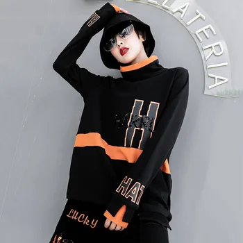 Max LuLu Naujų Korėjos Dizaineris Žiemos Moteriškų Punk Stiliaus Tee Marškinėliai Ponios Prarasti Dryžuotas Golfo Tshirts Blizgučiai Spausdinti Drabužiai