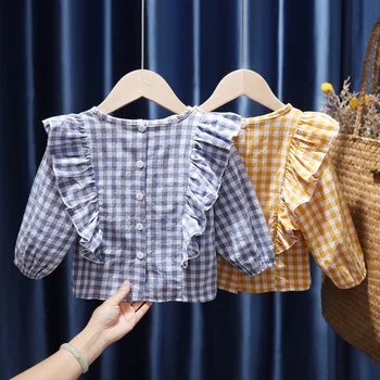 Kūdikių Mergaičių Pledas Flounce Marškinėliai Bamblys Vaikams Ilgomis Rankovėmis Viršūnes Vaikų Drabužių 2021 M. Pavasarį, O-Kaklo Mielas Princesė Kūdikio Palaidinė