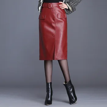 PU odos sijonas moterų ilgai skirsnis nauja rudens ir žiemos sijonai aukštos juosmens, plonas paketo klubo sijonas didelio dydžio kelio žingsnis sijonas