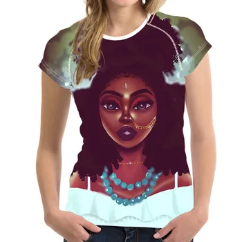 FORUDESIGNS trumpomis Rankovėmis Moterims Topai Juoda Meno Afrikos Mergaičių Spausdinimo T-shirt Ladies O-kaklo Marškinėliai Moterims Vasaros Marškinėlius