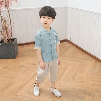 Kinų stiliaus berniukas medvilnės ir lino kostiumas vasaros trumparankoviai vaikų drabužių retro Tango kostiumas mokyklos vienodos Hanfu