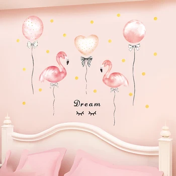 Animacinių filmų Romantiška Pink Flamingo Balionas Sienų Lipdukai Mergaičių Kambariai Apdaila, Nuimamas Tapetai Plakatai Sienos meno Decal