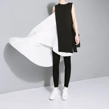 Nereguliarus Elegantiškas Dviejų Dalių Suknelė Moterims Balta Slydimo Šifono Suknelė+Juoda Berankovė Liemenė Lady Rinkiniai Kontrasto Spalvų Varčias