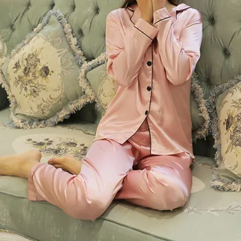 Moterų Pižama Rinkiniai Dirbtiniais Šilko Satino 2 Gabalas Rudens Femme Ilgomis Rankovėmis Sleepwear Kostiumas Moterų Homewear Naktiniai Drabužiai Pijamas Ištaigingas Dėvėti
