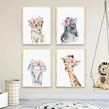 Gėlių Gyvūnų Drobės Plakatas Liūtas Zebra Dramblys Ir Žirafa Vaikų Darželio Sienos Menas Spausdinti Tapybos Sienos Nuotraukos, Vaikų, Kūdikių Miegamojo Puošimas