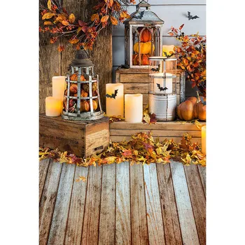 Fotografijos fonas rudenį helovinas pumkpin fone fotostudija Klevo lapų kritimo žvakė, mediena, grindys, foto tapetai