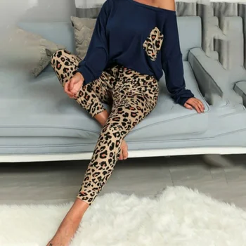 Vienos Pečių Leopardas Spausdinti Moterų Homewear Nustatyti, O Kaklo, Ilgomis Rankovėmis Elastinga Juosmens Moterų Homewares 2020 M. Rudenį Ponios Atsitiktinis Rinkiniai
