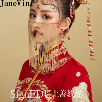 JaneVini 2019 Kinijos Vestuvių Nuotaka Veido Šydas Zawalcowany Kutas Veiling Rytų Stiliaus Nuotakos Galvos Papuošalai Inscenizacija Plaukų Aksesuarai