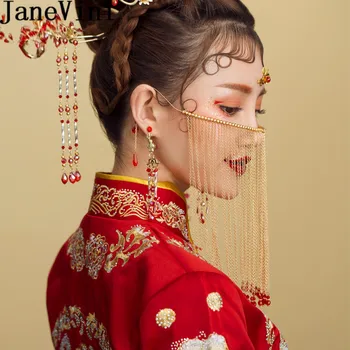 JaneVini 2019 Kinijos Vestuvių Nuotaka Veido Šydas Zawalcowany Kutas Veiling Rytų Stiliaus Nuotakos Galvos Papuošalai Inscenizacija Plaukų Aksesuarai