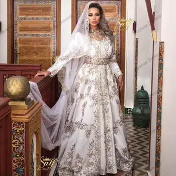 Derliaus Siuvinėjimo Nuotakos Suknelės Ilgomis Rankovėmis Satino Zawalcowany Saudo Arabų Vestuvių Suknelė Plius Dydis Užsakymą Musulmonų Chalatai