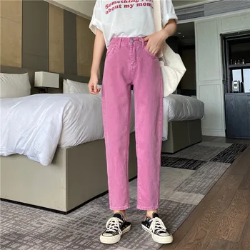Nekilnojamojo Kulka Korėjos Retro Stiliaus Rožinė, Violetinė High Waisted Laisvi, Tiesūs Kojų Kelnės Ne-Mainstream Elegantiškas Mados Džinsus