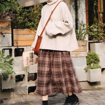 Japonų stiliaus elastinga aukštos juosmens Ilgio Sijonai moterų 2020 m. rudenį pledas-line plisuotas Sijonas, Moterų žiemos Vilnos Šiltas Streetwear