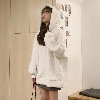 Lucyever Saldus Mažai Lokys Ausies Furry Gobtuvu Striukė 2020 M. Žiemą Laikyti Šiltai Balta Pliušinis Kailis Moterų Korėjos Stiliaus Laisvalaikio Marškinėlius