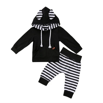 2vnt Naujagimių Bamblys Kūdikių Berniukų Šukuotinės Medvilnės 3D Ausis Hoodie Viršūnės T-shirt+ Spriped Antblauzdžiai Kelnės Apranga, Drabužiai Rinkinys