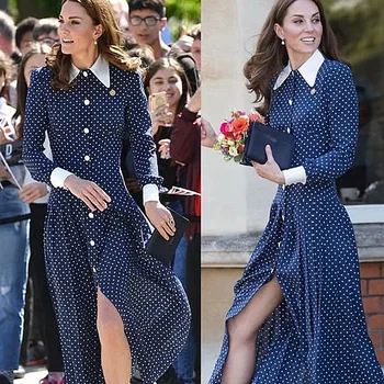 Kate Middleton Ilga Suknelė Aukštos Kokybės Naujas Moterų Mados Šalis Atsitiktinis Derliaus Elegantiškas Gentlewoman Mygtukai Taškų Spausdinti Suknelės