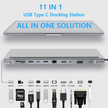 11 1 USB Tipo C Hub Adapteris Nešiojamas Docking Station HDMI, VGA, RJ45 PD 