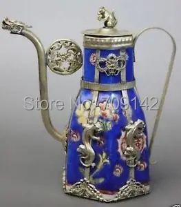 Išskirtinį sendinto vario kolekcionavimas Tibeto Sidabro Kinijos Mėlyna Porceliano Dragon Leopard Arbatos Puodą Arbatinukas Antikvariniai Vyrų Tradicinių