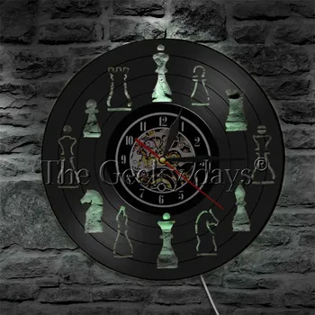 Šachmatų Strateginis Žaidimas Dizainas Antikvariniai Vinilo Įrašas Sieninis Laikrodis Su LED Lempos Šachmatų Šiuolaikinės Kabo Sieninis Apšvietimas