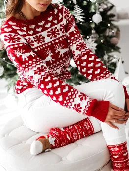 Naujas Mados Moterų Kalėdų Džemperis Gėlių Spausdinimo Raundo Kaklo, Ilgomis Rankovėmis Megzti Megztinis Moterų Žiemos Viršūnes Balta/Raudona